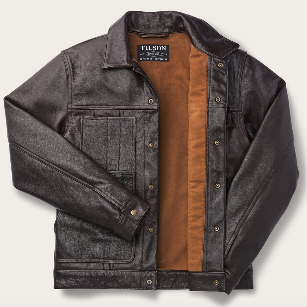 Filson Dark Brown Leather Cruiser Jacket with moleskin lining.